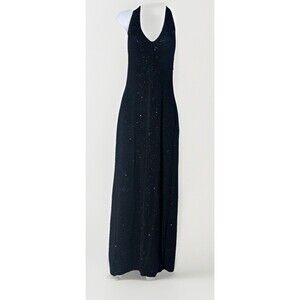 Vtg Cache Alexia Admor Maxi Dress (S) Halter Beaded Floral Whimsigoth Black Y2K